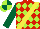 Silk - Red body, lime green diamonds, yellow sash, dark green sleeves, lime green and dark green quartered cap