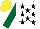 Silk - White, black stars, dark green sleeves, yellow cap