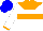 Silk - white, orange yoke, orange hoop, orange belt, white sleeves, orange cuffs, blue cap