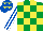 Silk - Emerald green and yellow check, royal blue and white striped sleeves, royal blue cap, yellow stars