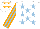 Silk - White, light blue stars, light blue and orange striped sleeves, white cap, orange stars