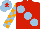 Silk - Red, large light blue spots, light blue and orange check sleeves, light blue cap, red star