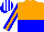 Silk - orange and blue halved horizontally, white hoop, orange belt, blue sleeves, orange stripe, blue cap, white stripes
