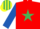 Silk - RED, emerald green star, royal blue sleeves, emerald green & yellow striped cap