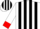 Silk - White, black three thick vertical stripes and red collar. red cuffs on sleeves, white and black striped cap, red peak