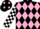 Silk - Black and pink diamonds, black and white check sleeves, black cap, pink spots