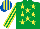 Silk - EMERALD GREEN, YELLOW stars, striped sleeves, ROYAL BLUE and YELLOW striped cap