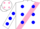 Silk - White, Blue 'JC' on Pink Sash, Blue spots