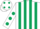 Silk - WHITE and DARK GREEN stripes, WHITE sleeves, DARK GREEN spots and spots on cap
