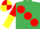 Silk - EMERALD GREEN, large RED spots, RED and YELLOW halved sleeves, RED and YELLOW quartered cap