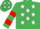 Silk - Emerald green, white stars, emerald green and red hooped sleeves, red cap, white stars