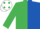 Silk - EMERALD GREEN and ROYAL BLUE (halved), EMERALD GREEN sleeves, WHITE cap, EMERALD GREEN spots