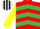 Silk - RED & EMERALD GREEN CHEVRONS, yellow sleeves, black & white striped cap