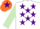Silk - White, Purple stars, Light Green sleeves, Orange cap, Purple star
