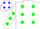Silk - White, Blue 'A', Green spots, Green spots
