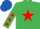 Silk - EMERALD GREEN, red star, red stars on sleeves, royal blue cap