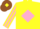 Silk - Yellow, Pink diamond, Yellow and Pink striped sleeves, Brown cap, Yellow diamond