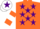 Silk - Orange, Purple stars, White and Orange hooped sleeves, White cap, Purple star