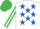 Silk - WHITE, ROYAL BLUE stars, WHITE and EMERALD GREEN striped sleeves and cap
