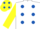 Silk - White, Royal Blue spots, Yellow sleeves, Yellow cap, Royal Blue spots